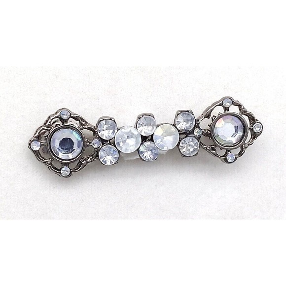 Aurora Borealis Clear Rhinestone Bar Brooch Pin Ornate Gunmetal Tone Vintage - Picture 7 of 12